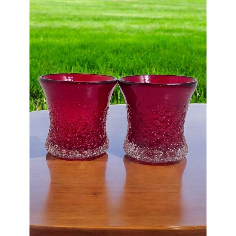 VTG CHRISTMAS SET OF 2 RUBY RED TEXTURED FROSTED HAND-BLOWN GLASS VOTIVE CUPS